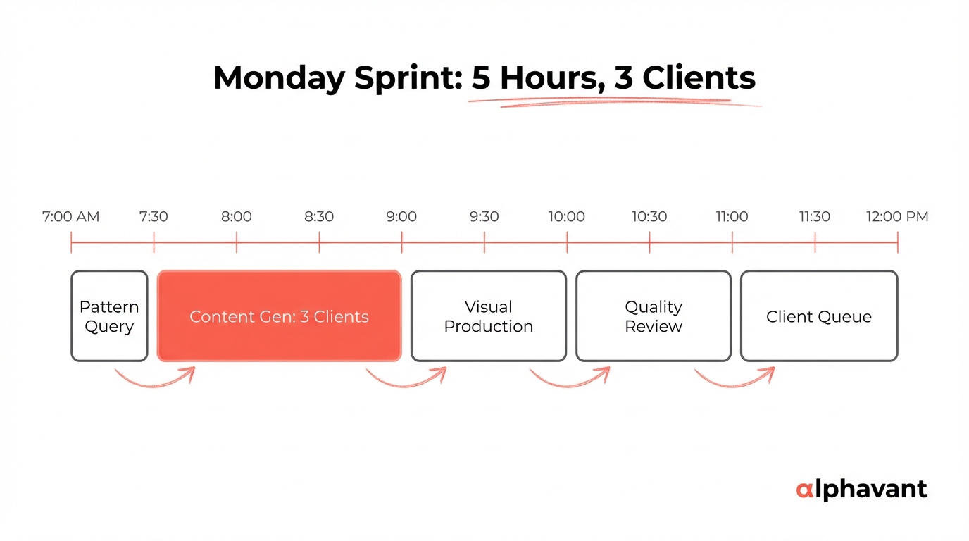 Timeline showing a Monday production sprint from 7:00 AM to 12:00 PM: pattern library query at 7:00, content generation for three clients from 7:30 to 9:00, visual production from 9:00 to 10:00, quality review from 10:00 to 11:00, and client review queue from 11:00 to 12:00, with specific deliverables listed at each stage