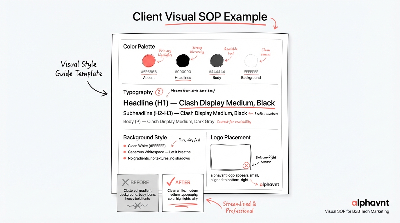 Example of a client visual SOP document showing specified color palette with hex codes, typography hierarchy, background style rules, logo placement guidelines, and before-and-after examples of on-brand versus off-brand visual generation