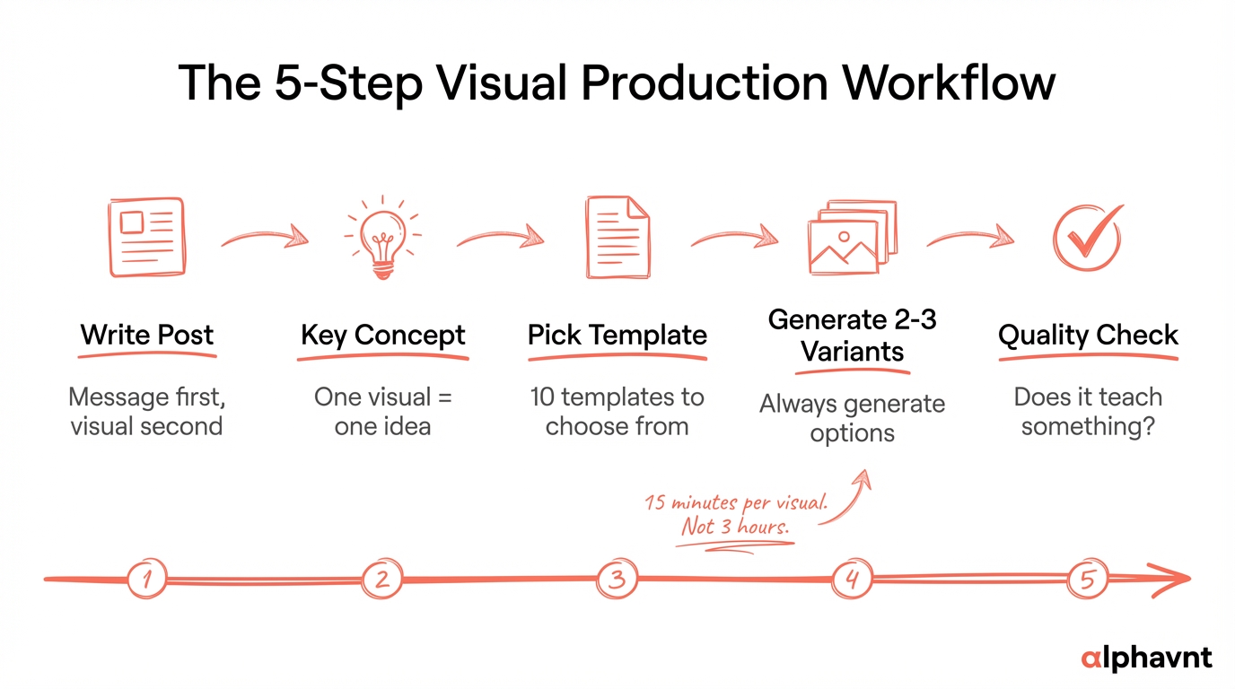 Six-step production workflow diagram showing the visual creation process: write the post first, identify the key concept, select a template, customize the prompt, generate variants, and run the decoration test before publishing