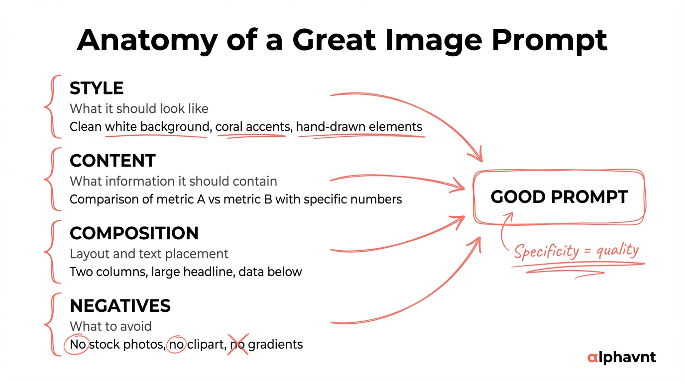 Overview grid showing all 10 prompt template categories with example use cases: data comparison, framework diagram, bold statement, process flow, technical explainer, before/after split, data chart, checklist, concept map, and hand-drawn sketch style