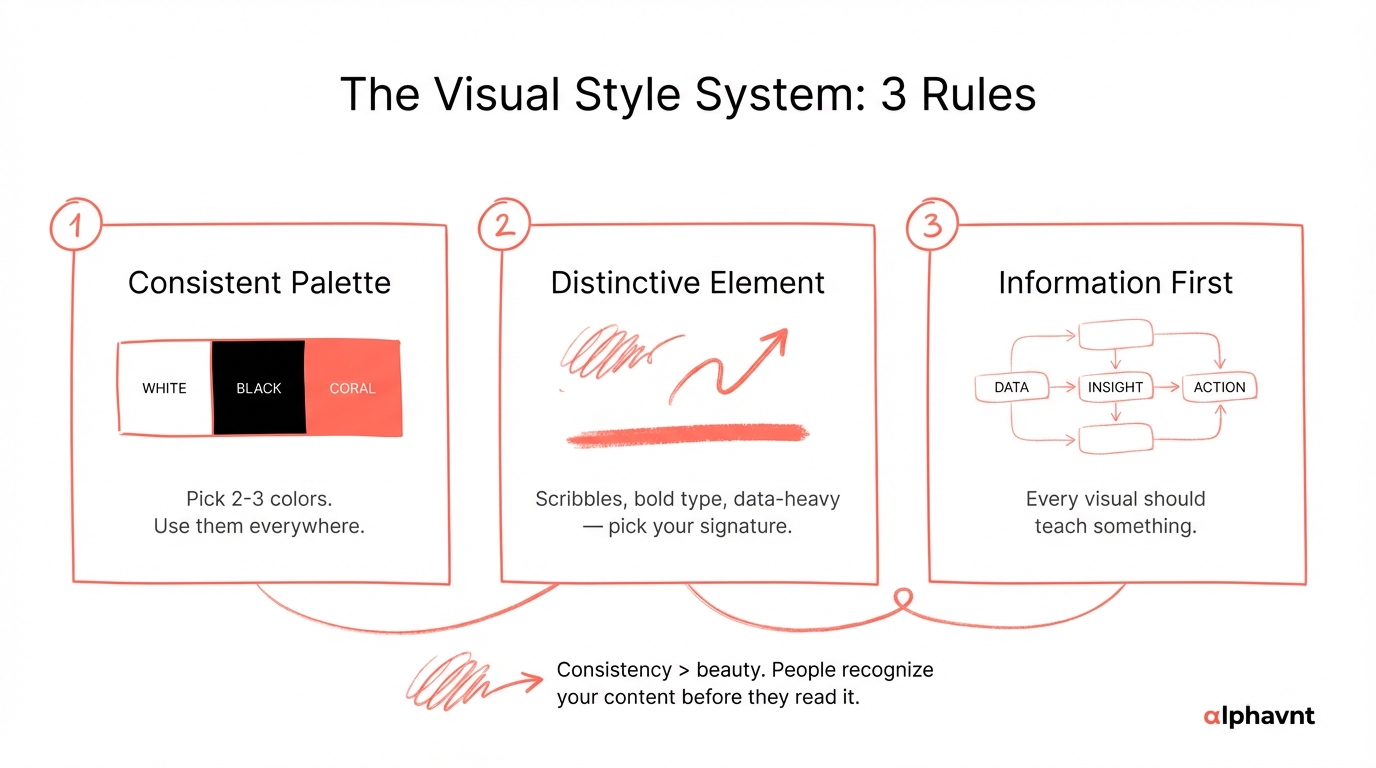 Example of the alphavant scribble aesthetic: a hand-drawn sketch-style diagram on white background with black fine lines, organic shapes, and magenta accent highlights showing a content production workflow