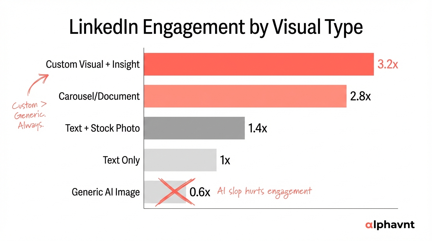Infographic comparing LinkedIn post engagement rates: text-only posts versus posts with custom visuals, showing 2-3x engagement uplift for visual content and 11.2x more impressions for carousel posts