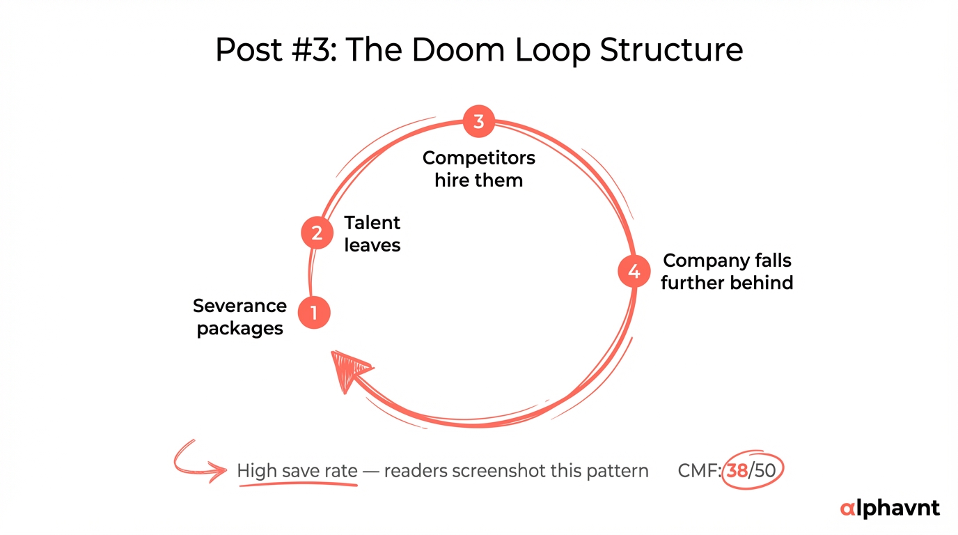 Annotated breakdown of Post 3 showing the narrative arc from severance packages to competitor hiring, with callouts on the doom loop structure that drove high save rates