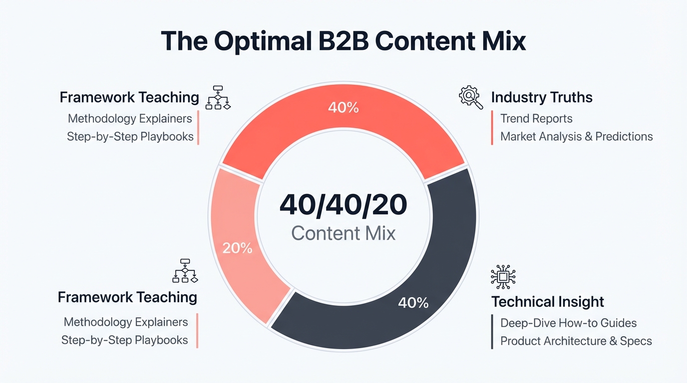Visual breakdown of the 40/40/20 content mix strategy showing 40 percent industry truths, 40 percent deep technical insight, and 20 percent framework teaching