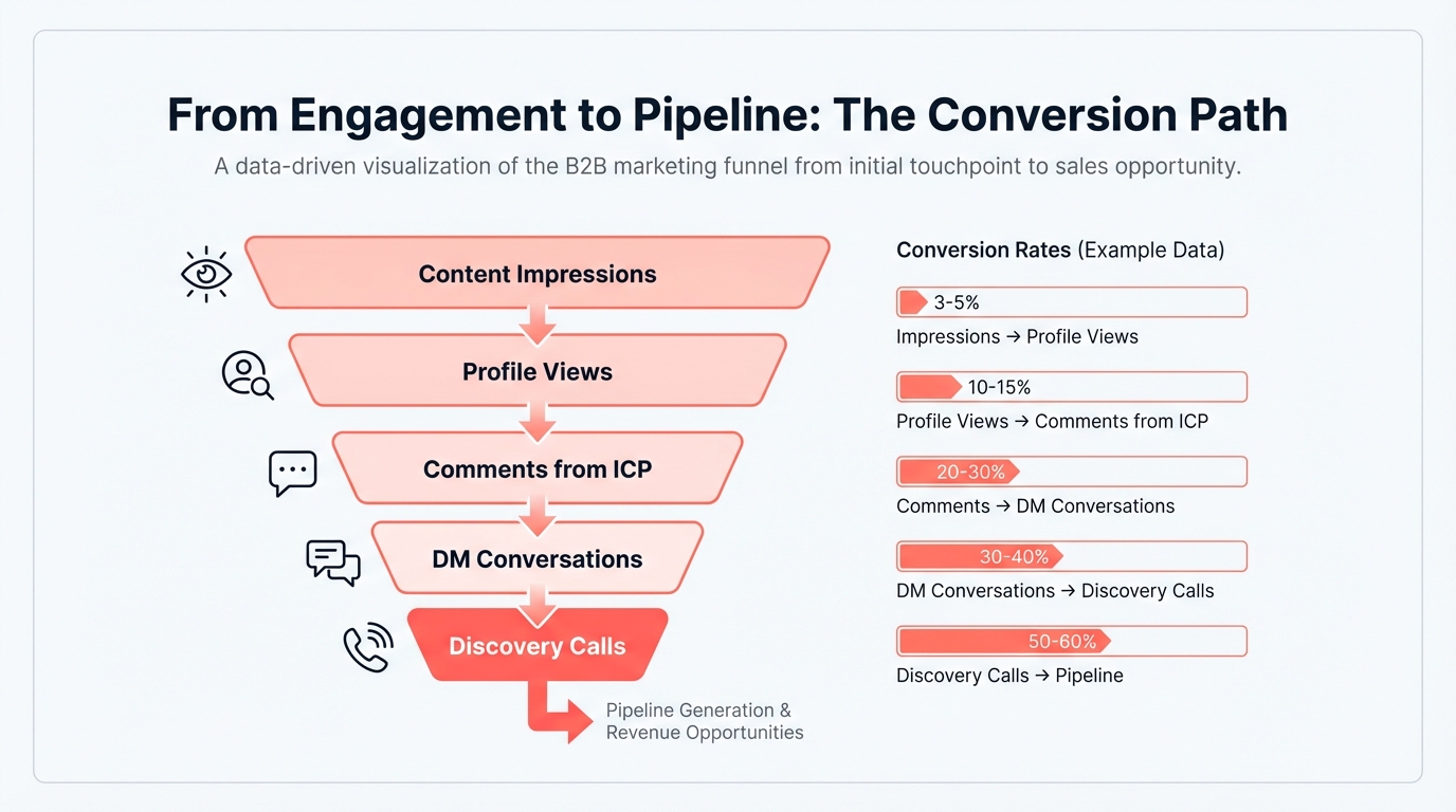 Diagram illustrating the conversion path from LinkedIn engagement to sales pipeline, showing comment mining, DM strategy, and content-led outbound steps