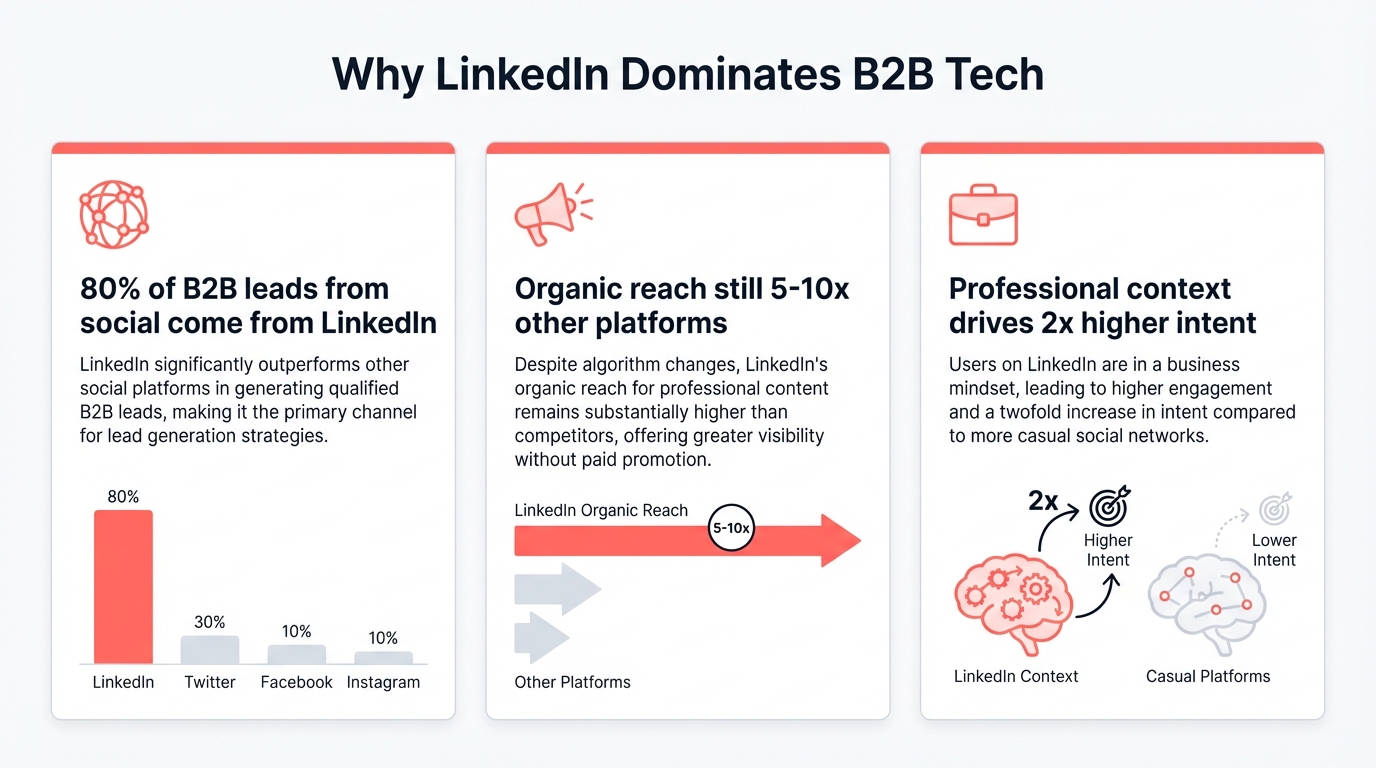 Chart showing LinkedIn's dominance as the top B2B tech distribution channel compared to other platforms, with metrics on buyer concentration and organic reach
