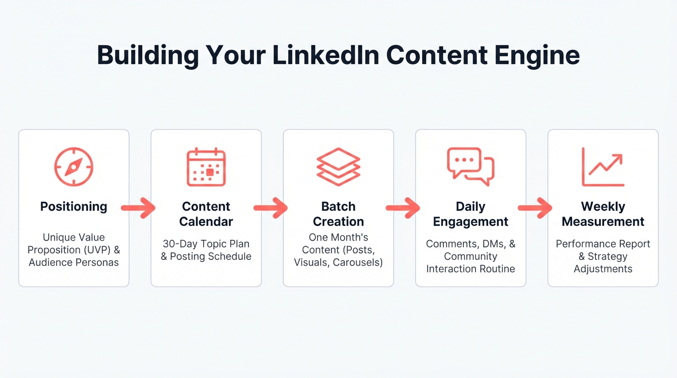 Overview of the LinkedIn content engine system showing the six steps from positioning through weekly measurement and monthly iteration cycles