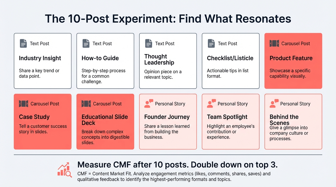 Breakdown of the 10-post experiment showing the recommended mix: 4 text posts with single insights, 3 carousel or document posts with frameworks and data, and 3 personal founder story posts for trust building