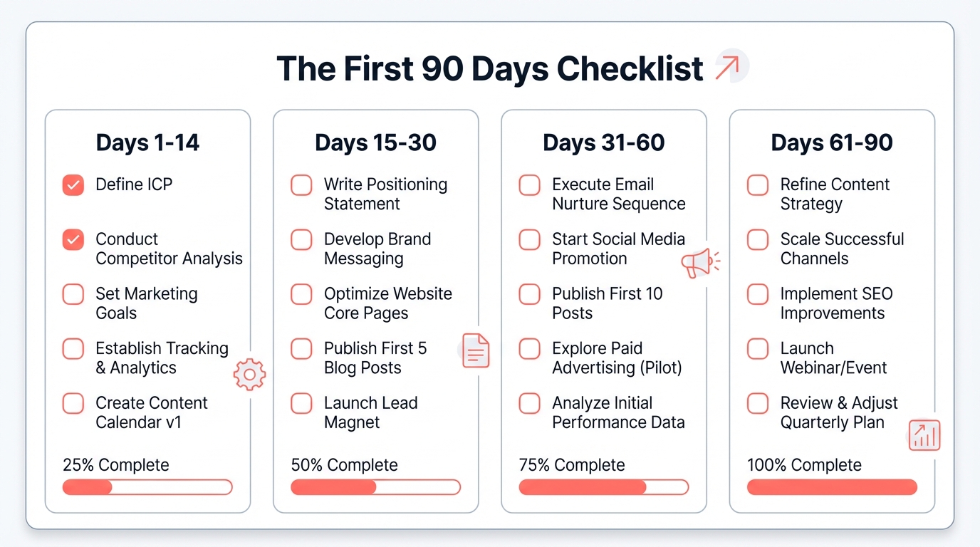 Complete 90-day GTM checklist overview with four phases: Foundation (positioning, voice capture, competitive audit, technical setup), Content Engine (pillars, 10-post experiment, visual identity, distribution rhythm), Iteration (CMF assessment, content-led outbound, remix top posts), and Pipeline (engagement signals, nurture sequences, referral activation, target measurement)