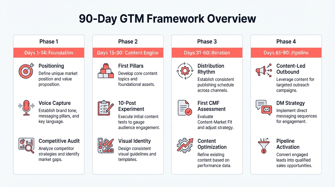 Visual overview of the 90-day B2B tech GTM framework showing four phases: Foundation (days 1-14), Content Engine Startup (days 15-30), Iteration and Measurement (days 31-60), and Pipeline Activation (days 61-90)