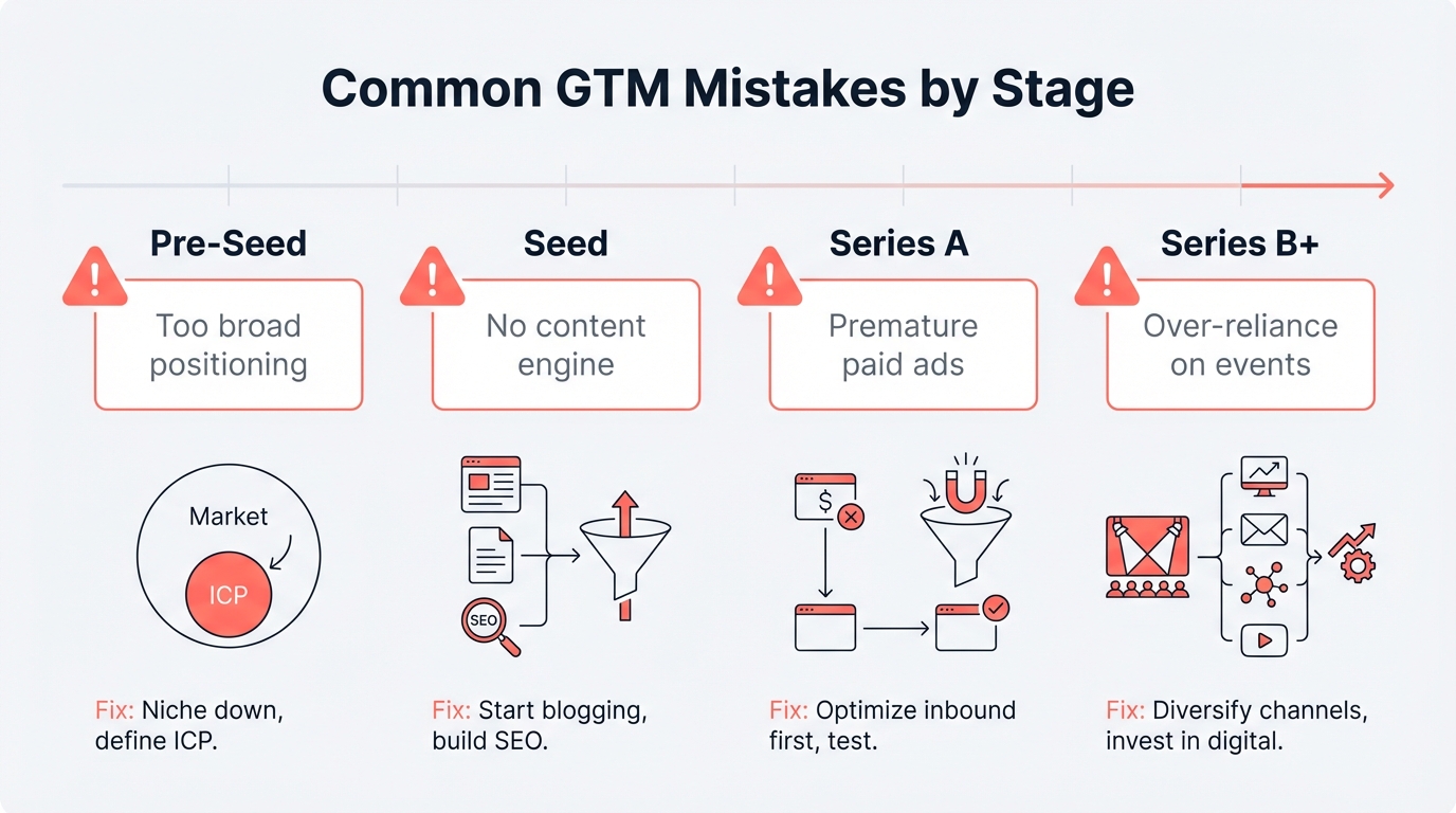 Common GTM mistakes by company stage: Pre-Seed and Bootstrapped companies overspend on ads and agencies, Seed-stage companies hire too senior too early and spread across too many channels, Series A companies stop founder-led content and pivot away from proven strategies