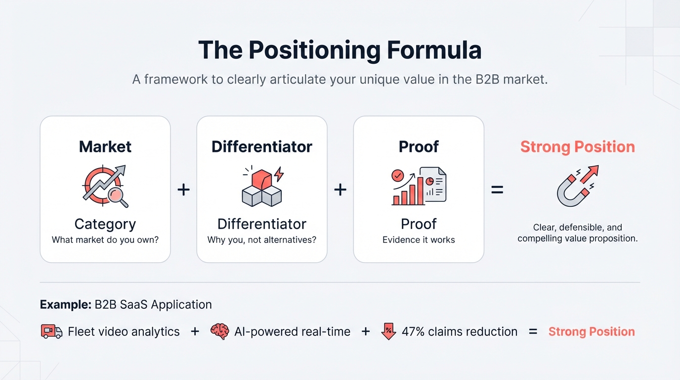 The CPD positioning formula diagram showing three components: Category (what kind of thing are you), Differentiator (what makes you different), and Proof (why should anyone believe you) combining into a positioning nucleus