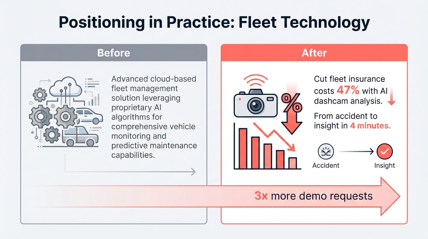 Before and after positioning comparison for a fleet technology company, showing the transformation from generic AI-powered messaging to specific dashcam-to-dashboard pipeline positioning with measurable proof points