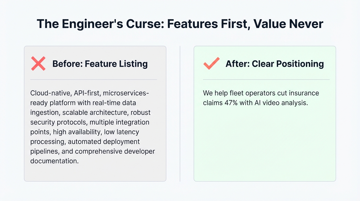 Illustration of the engineer's curse in B2B tech positioning, showing how technical founders default to feature-listing instead of communicating value and differentiation