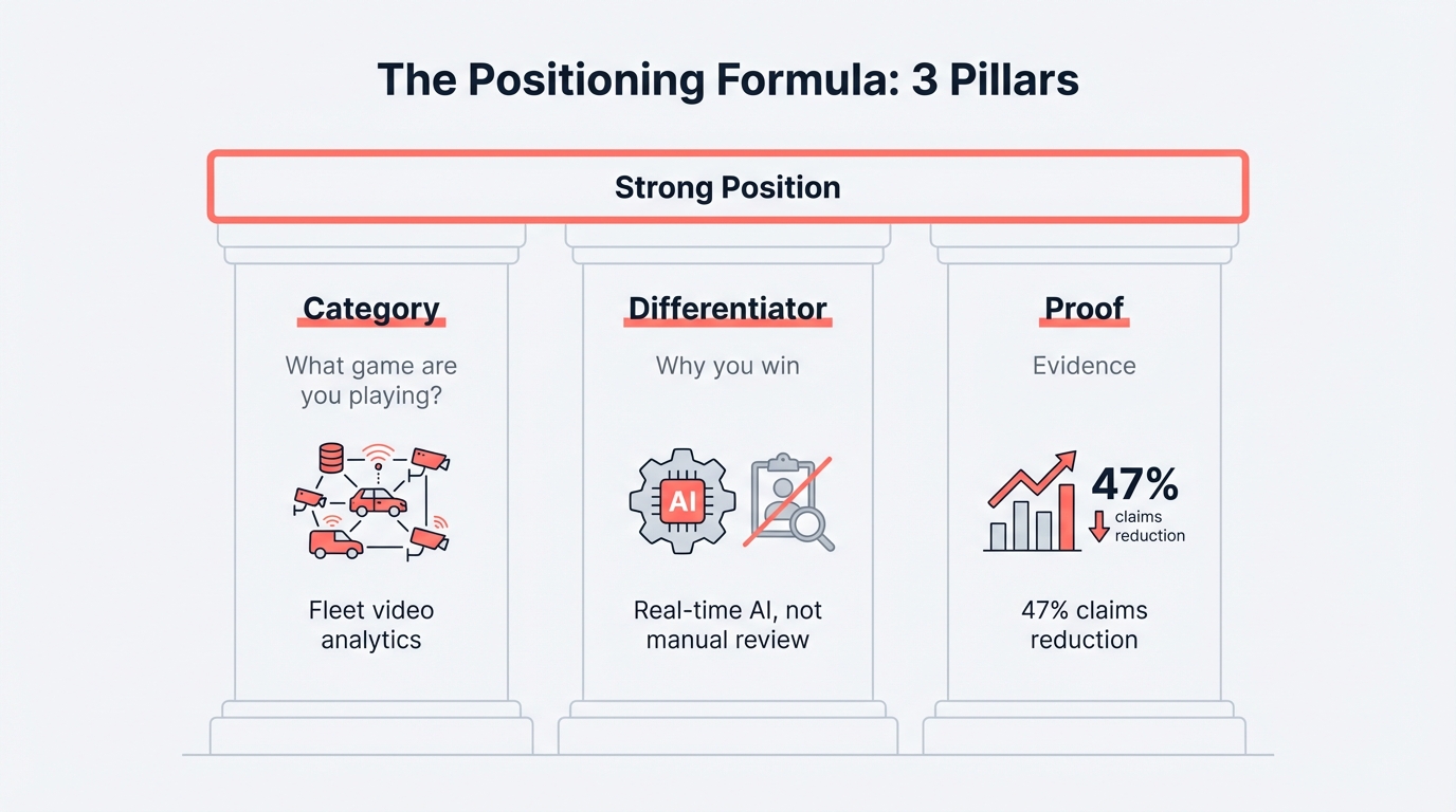 The three pillars of B2B tech positioning: Category (what market you own), Differentiator (one thing that is genuinely different), and Proof (concrete evidence with numbers and outcomes)
