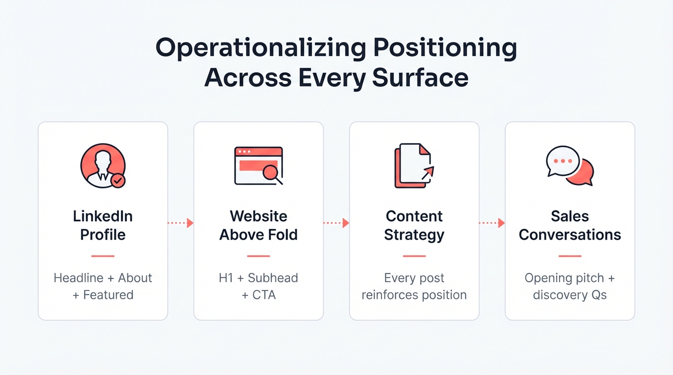 Diagram showing the key surfaces where B2B tech positioning must be consistent: LinkedIn profile, website above the fold, content strategy, and sales conversations