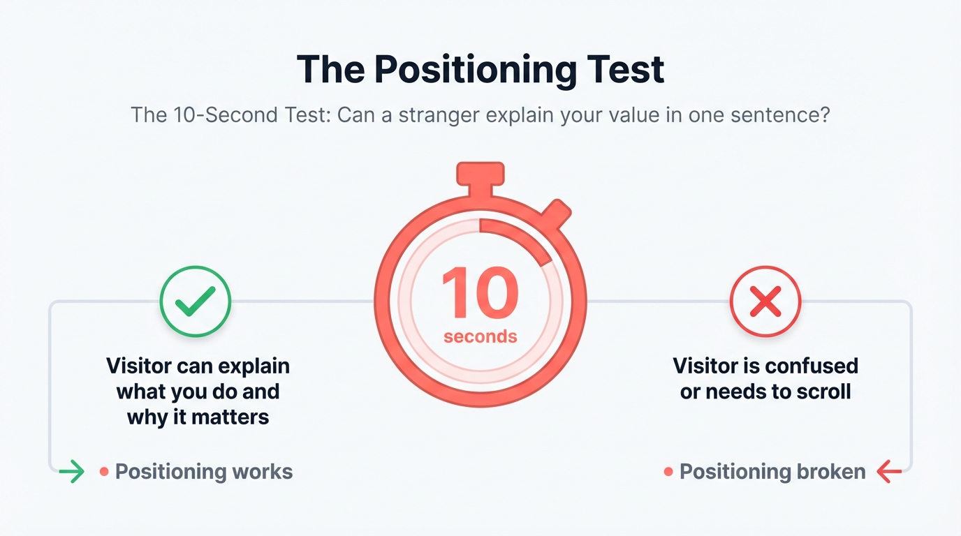 The positioning test checklist showing how to validate whether your B2B tech positioning passes the stranger test in 10 seconds