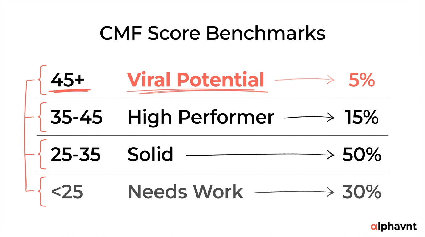 CMF scoring benchmark tiers showing four levels: below 25 needs work, 25 to 35 is solid, 35 to 45 is high performer, and 45 plus has viral potential, with the percentage of posts that typically fall in each tier