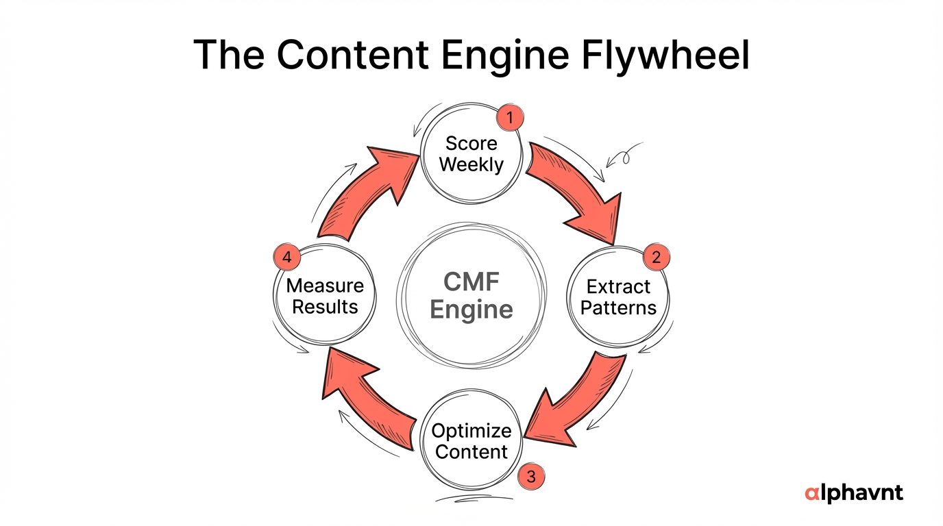 CMF content engine flywheel diagram showing the four-phase cycle: Score weekly, Extract patterns monthly, Pivot quarterly, and Compound results, with each phase feeding into the next