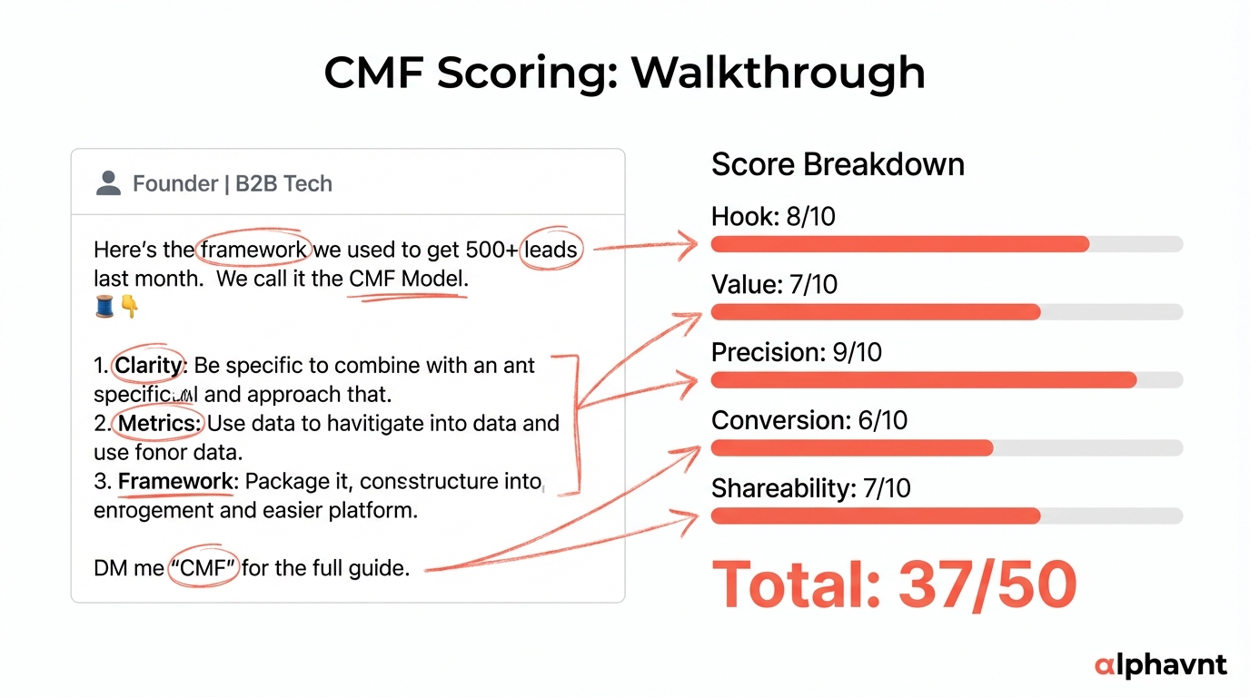 Detailed walkthrough of CMF scoring applied to a real LinkedIn post, showing how each of the five dimensions is evaluated with specific criteria and the resulting scores