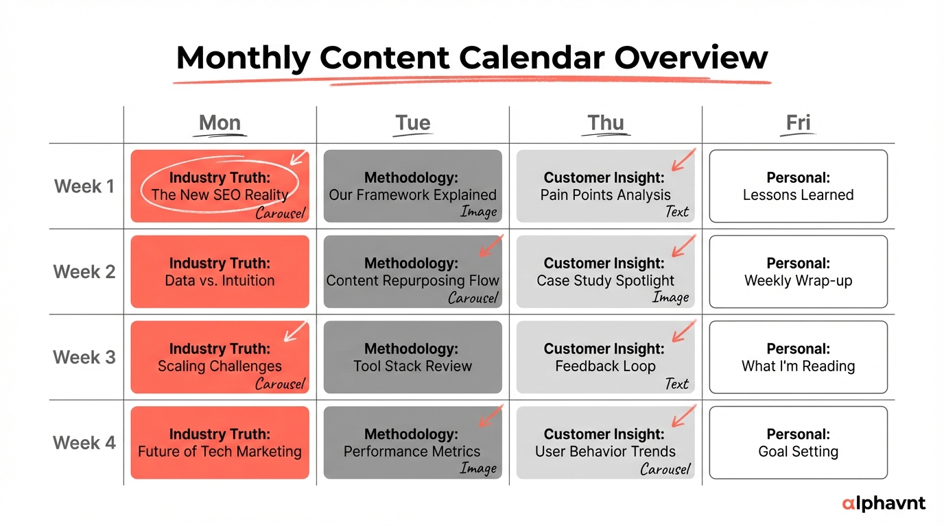 A 4-week content calendar layout showing 16 posts distributed across Tuesday and Thursday slots with content pillar color coding and visual format annotations