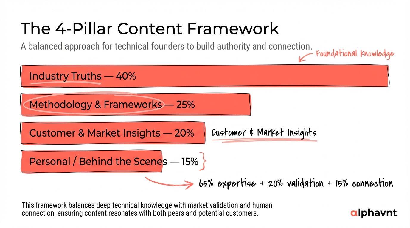 The 4-pillar content framework showing Industry Truths at 40 percent, Methodology and Frameworks at 25 percent, Customer and Market Insights at 20 percent, and Personal Behind the Scenes at 15 percent