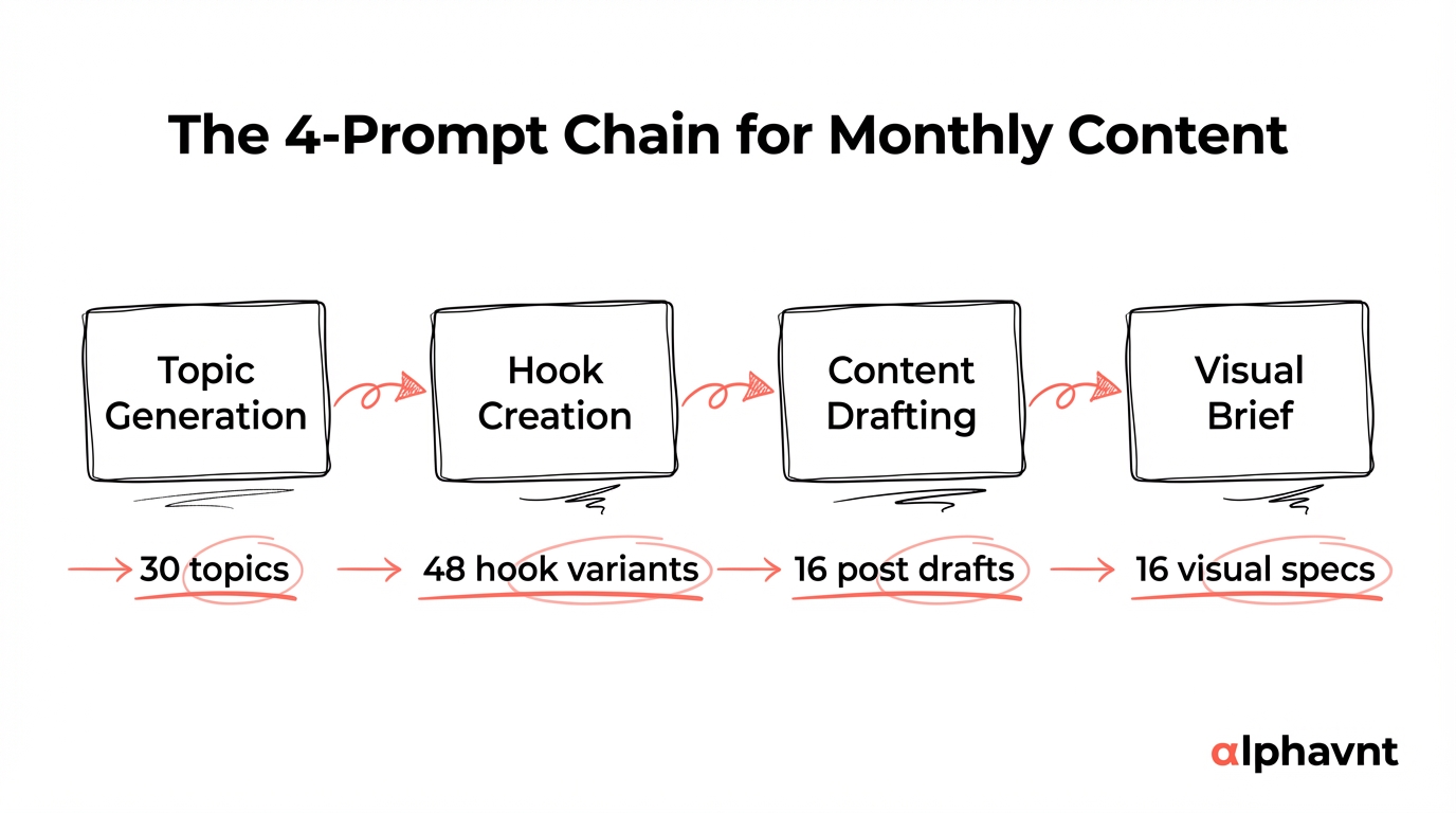 A 4-step flow diagram showing the LLM prompt chain: Step 1 Topic Generation produces 30 topics, Step 2 Hook Creation produces 48 hook variants, Step 3 Content Drafting produces 16 post drafts, and Step 4 Visual Brief Generation produces 16 visual specifications