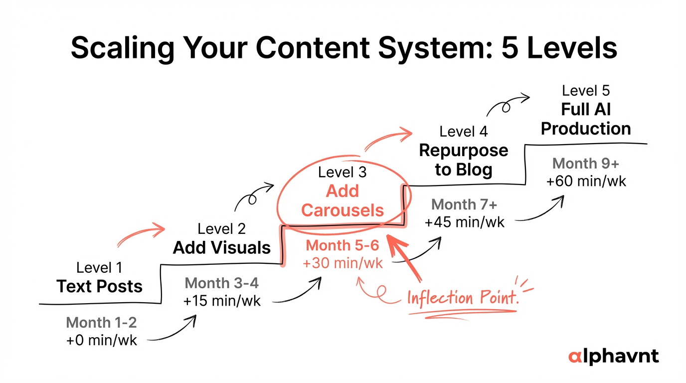 A 5-level progression roadmap showing the content scaling path from Level 1 text-only posts through Level 5 full AI-powered production system, with time investment and impact multiplier for each level