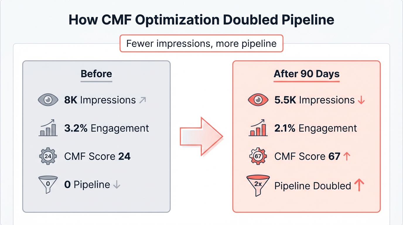 Before and after comparison showing a B2B company's CMF score jumping from 24 to 67 after optimizing content strategy, with pipeline doubling despite lower impressions