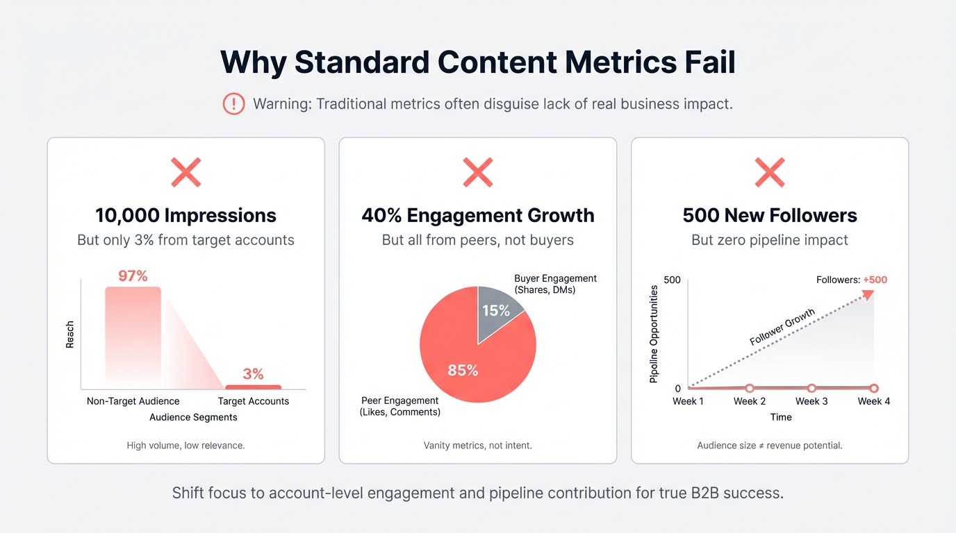 Diagram showing how standard content metrics like impressions, engagement rate, and follower growth fail to capture actual pipeline impact in B2B marketing