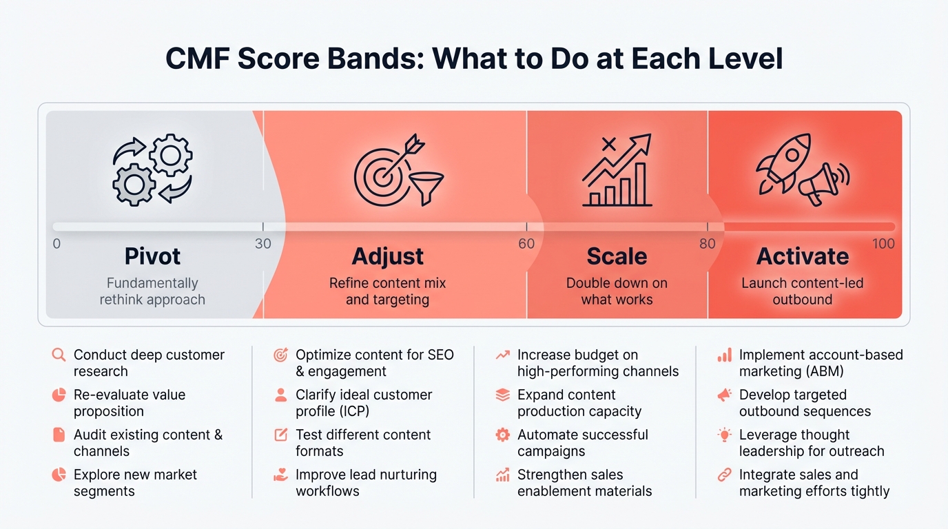 CMF score bands chart showing four action levels: 0-30 pivot content pillars, 30-60 adjust distribution, 60-80 double down and scale, 80+ activate outbound from engagement signals