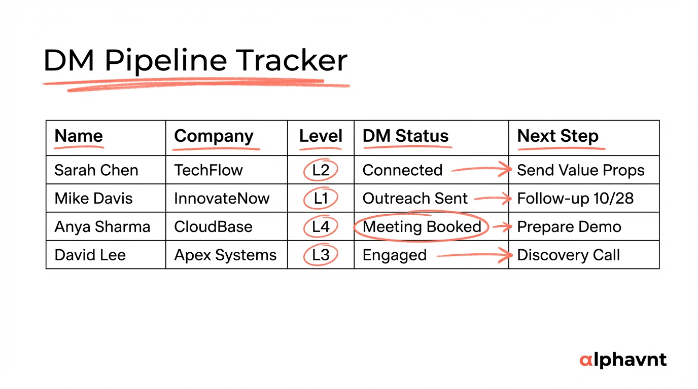 Screenshot of a DM pipeline tracking spreadsheet showing columns for name, company, engagement level, DM status, and next steps with example entries for enterprise B2B contacts at various stages
