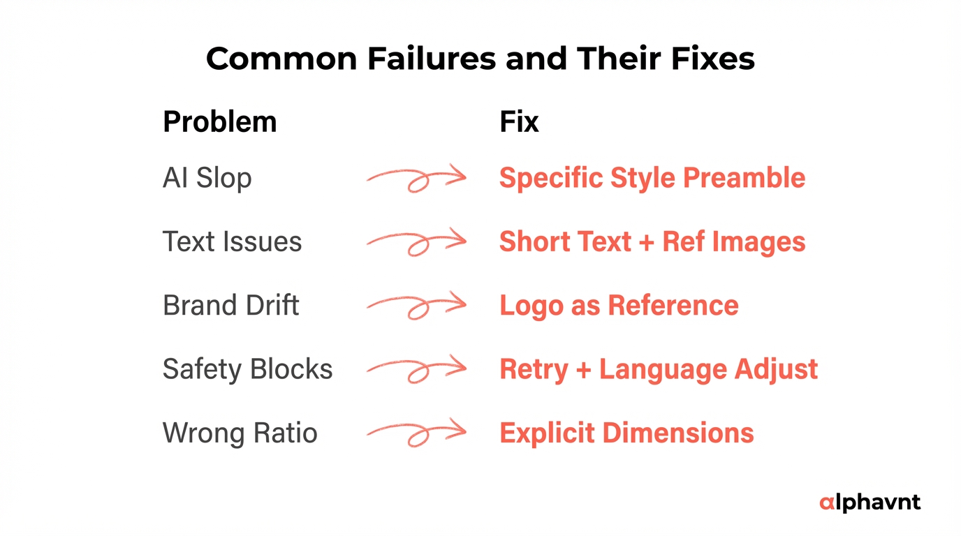Five common AI visual generation failure modes displayed as problem-solution pairs: AI slop fixed by specific style preamble, text rendering issues fixed by short text and reference images, brand inconsistency fixed by logo as reference image, safety filter blocks fixed by retry logic and language adjustment, and wrong aspect ratio fixed by explicit dimensions in prompt