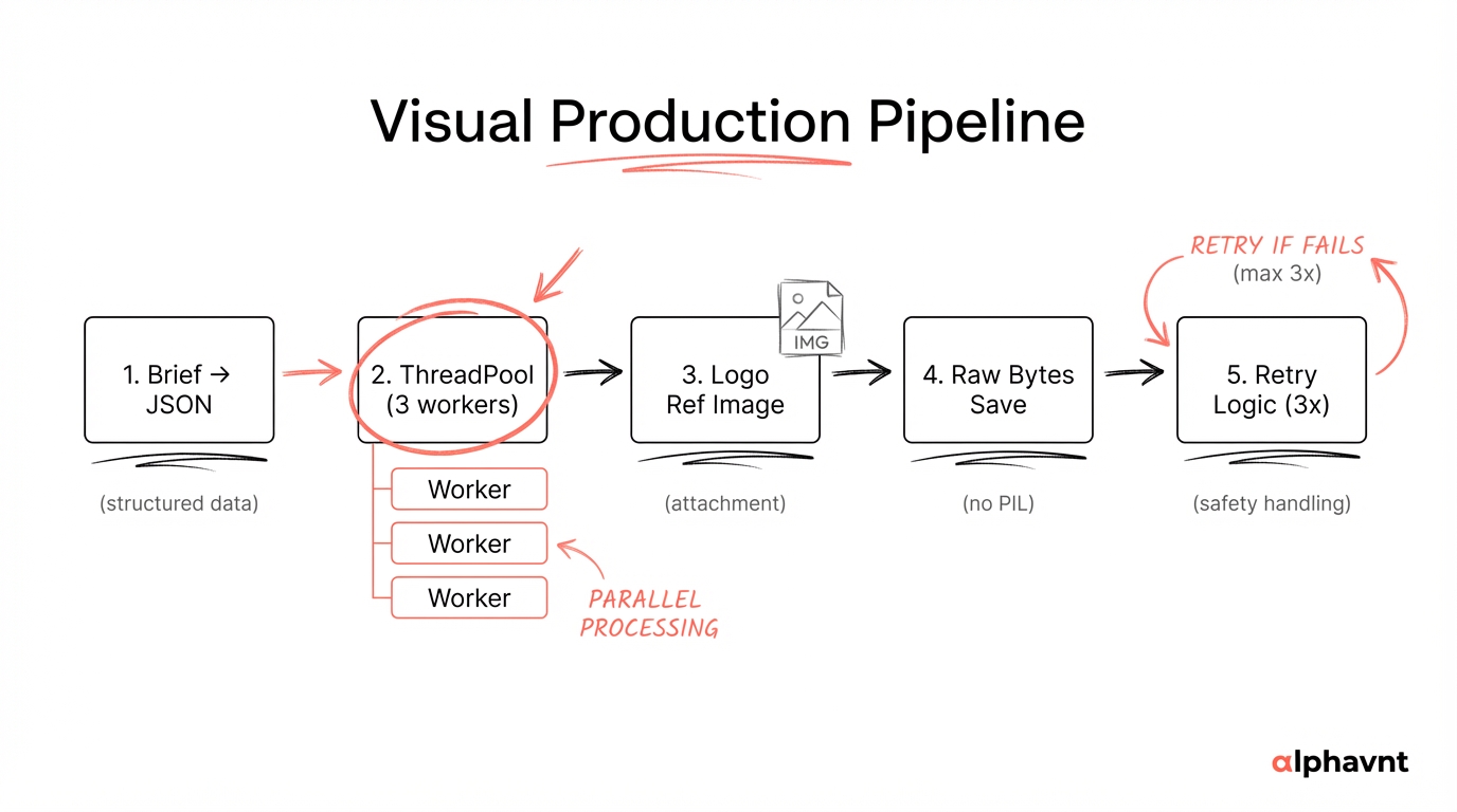 Production pipeline architecture showing five sequential stages: Brief to structured JSON, ThreadPoolExecutor with 3 parallel workers, logo attachment as reference image, raw bytes saved directly to disk, and retry logic with 3 attempts per image and safety filter handling