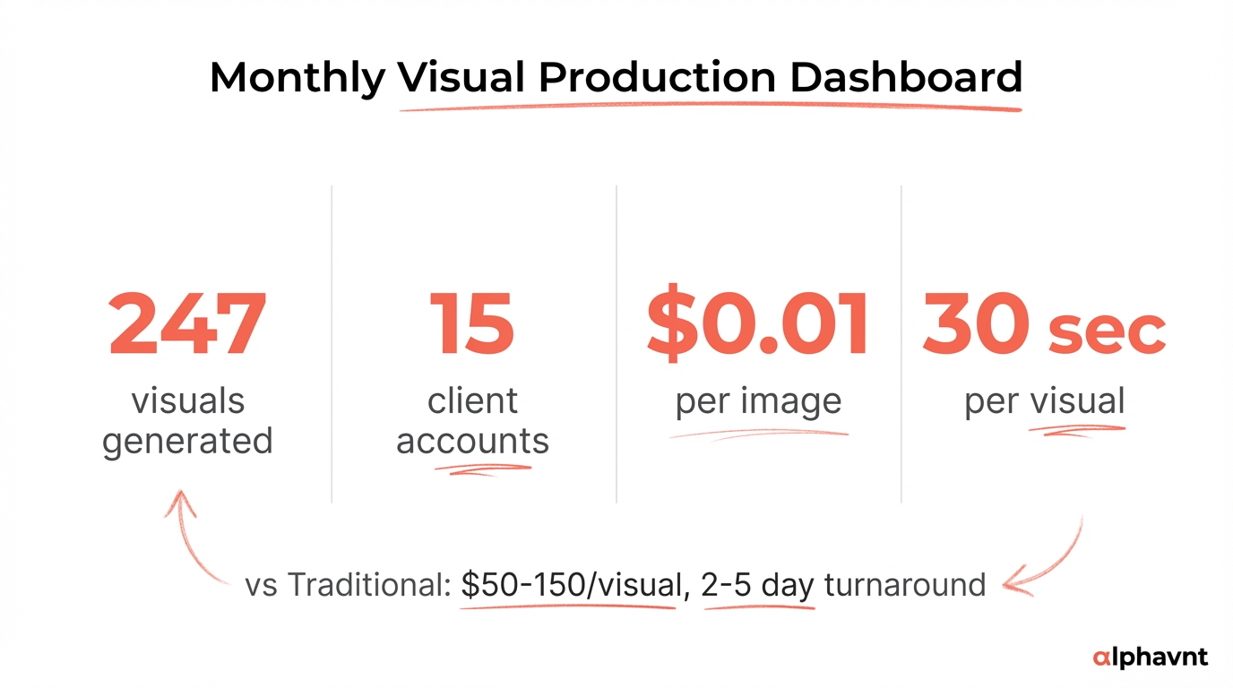 Monthly visual production dashboard showing 247 visuals generated across 15 client accounts in January 2026, with breakdown by visual type: data comparisons, framework diagrams, carousel slides, quote cards, and scribble-style visuals