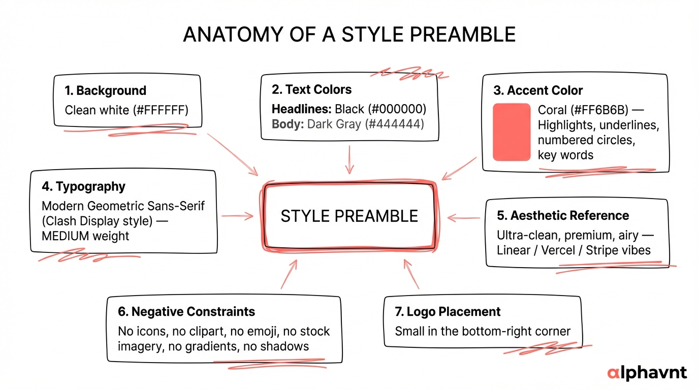 Anatomy of a visual style preamble showing seven labeled elements: background color, text colors, accent color, typography style, aesthetic reference, negative constraints, and logo placement, each with arrows pointing to the corresponding section of the alphavant preamble example