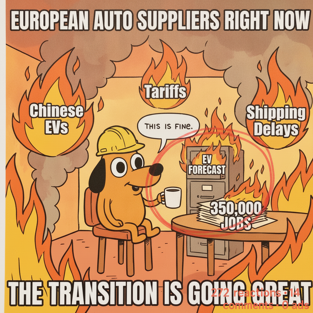 Lukas Timm's actual LinkedIn post visual for “auto supplier sector could lose up to 350,000 jobs by 2030”, marked up by hand in coral pen — “272 reactions · 14 comments · 0 ads” noted in the corner.