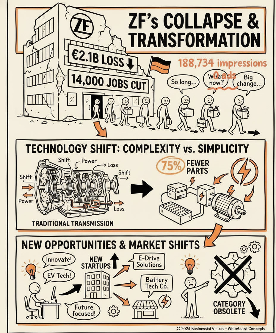 Lukas Timm's real ZF restructuring LinkedIn infographic (EUR 2.1B loss, 14,000 jobs cut, transmission-to-e-drive shift) marked up by hand in coral pen with the reach it earned: 188,734 impressions, 0 ads.