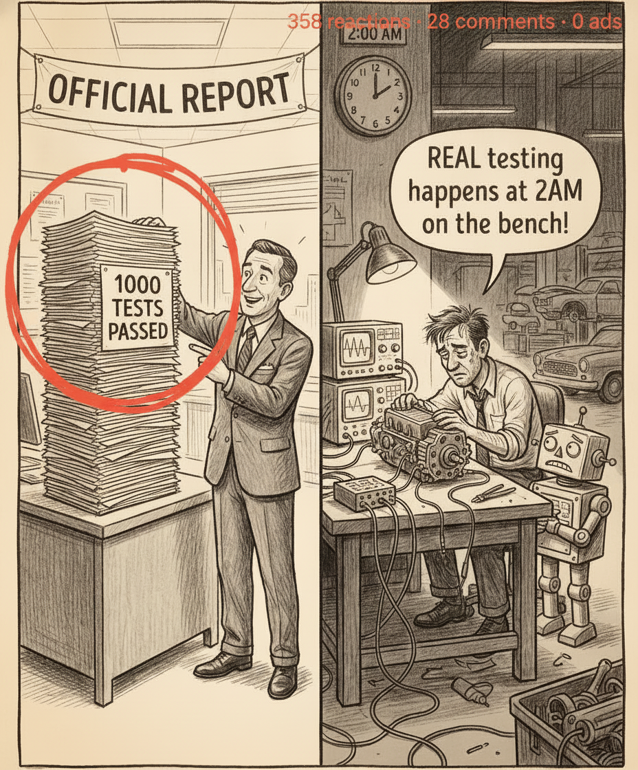 Lukas Timm's actual LinkedIn post visual for “automotive testing is broken”, marked up by hand in coral pen — “358 reactions · 28 comments · 0 ads” noted in the corner.