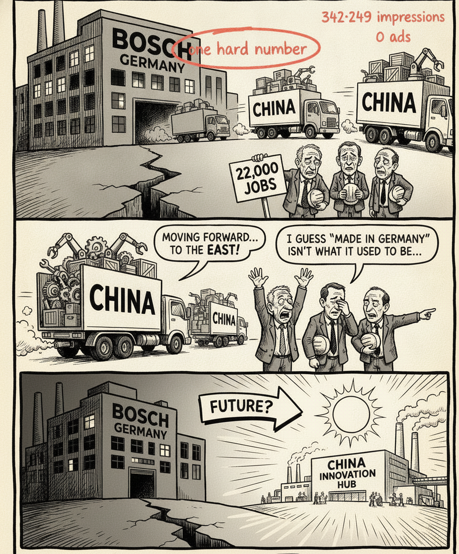 Lukas Timm's actual Bosch LinkedIn post visual — a three-panel editorial cartoon of Germany's factory being trucked east to China while executives hold a '22,000 JOBS' sign — marked up by hand in coral pen: '342,249 impressions · 0 ads' called out in the corner and 'one hard number' circled.