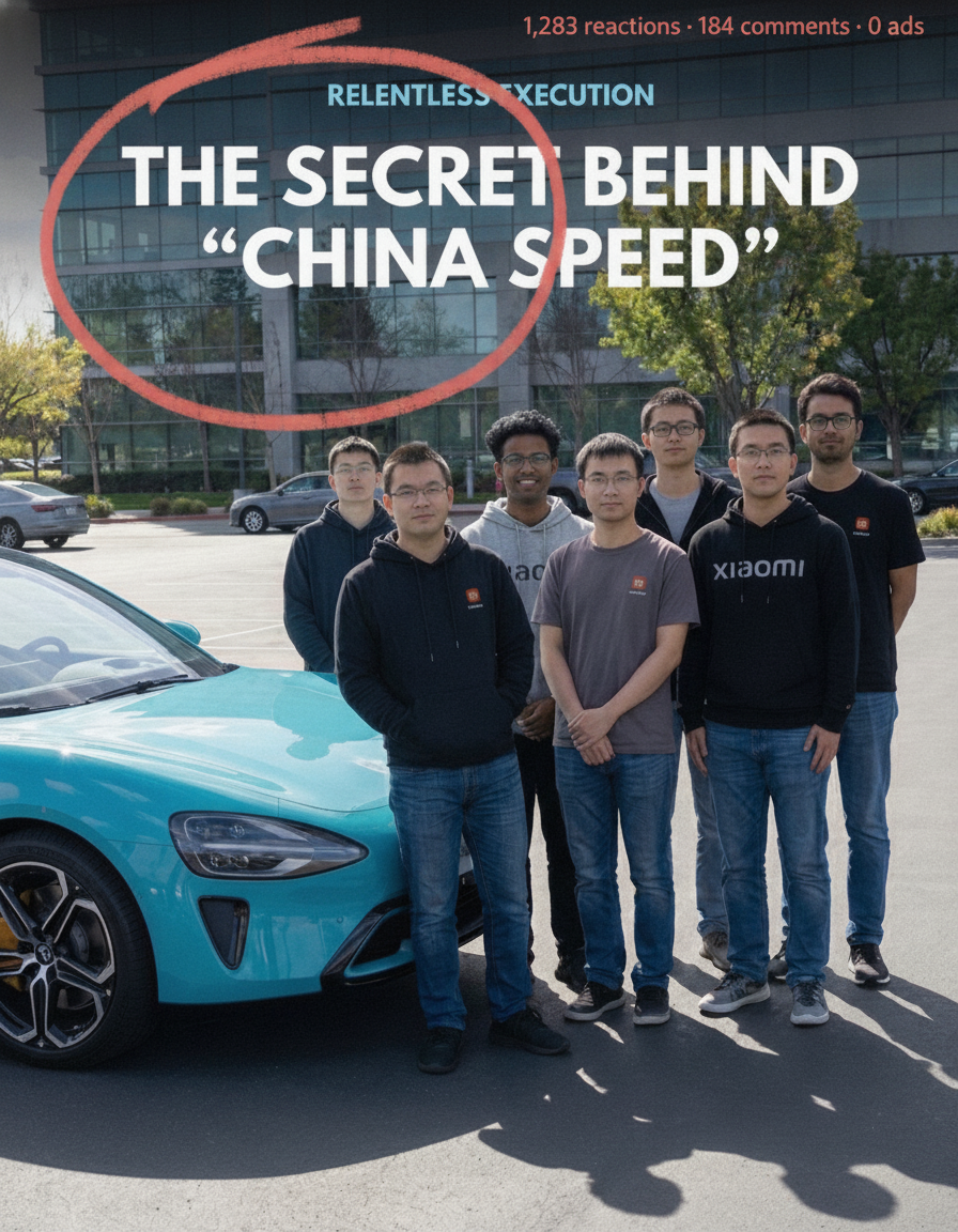 Lukas Timm's actual LinkedIn post visual for “the real secret behind China Speed”, marked up by hand in coral pen — “1,283 reactions · 184 comments · 0 ads” noted in the corner.