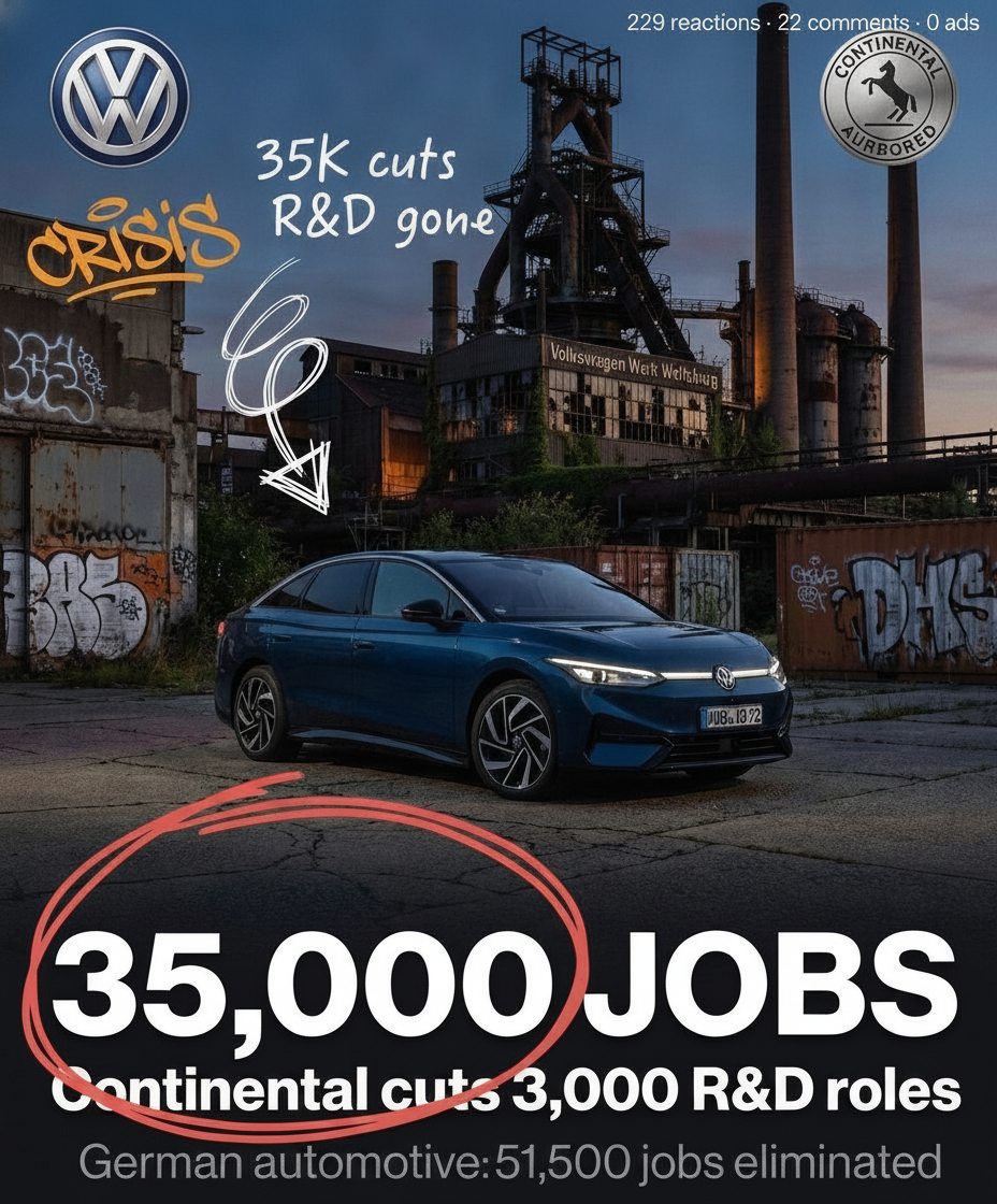 Lukas Timm's actual LinkedIn post visual for “Continental just cut 3,000 R&D jobs”, marked up by hand in coral pen — “229 reactions · 22 comments · 0 ads” noted in the corner.