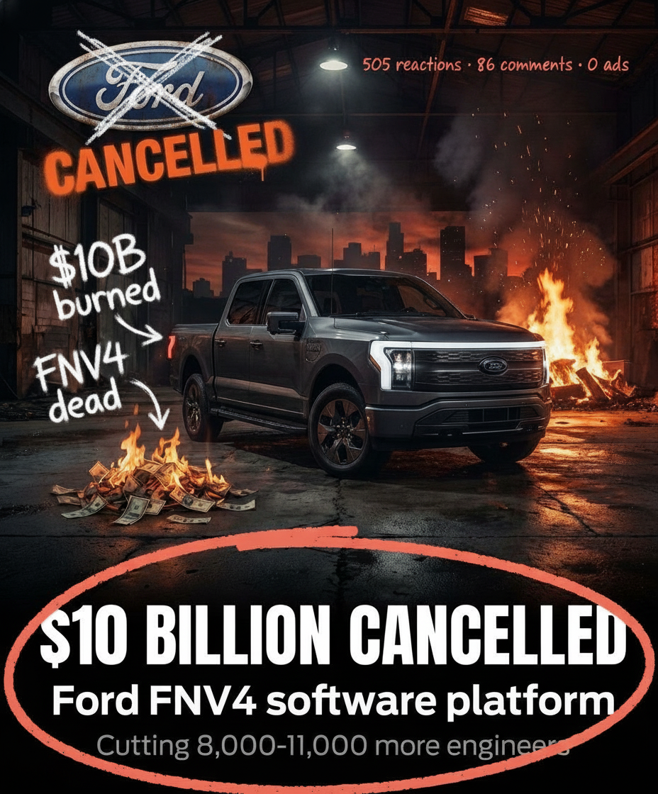 Lukas Timm's actual LinkedIn post visual for “Ford spent $10 billion on FNV4”, marked up by hand in coral pen — “505 reactions · 86 comments · 0 ads” noted in the corner.