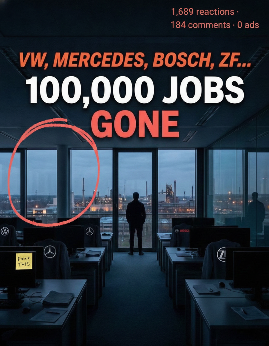 Lukas Timm's actual LinkedIn post visual for “100,000 German automotive jobs will disappear by 2030”, marked up by hand in coral pen — “1,689 reactions · 184 comments · 0 ads” noted in the corner.