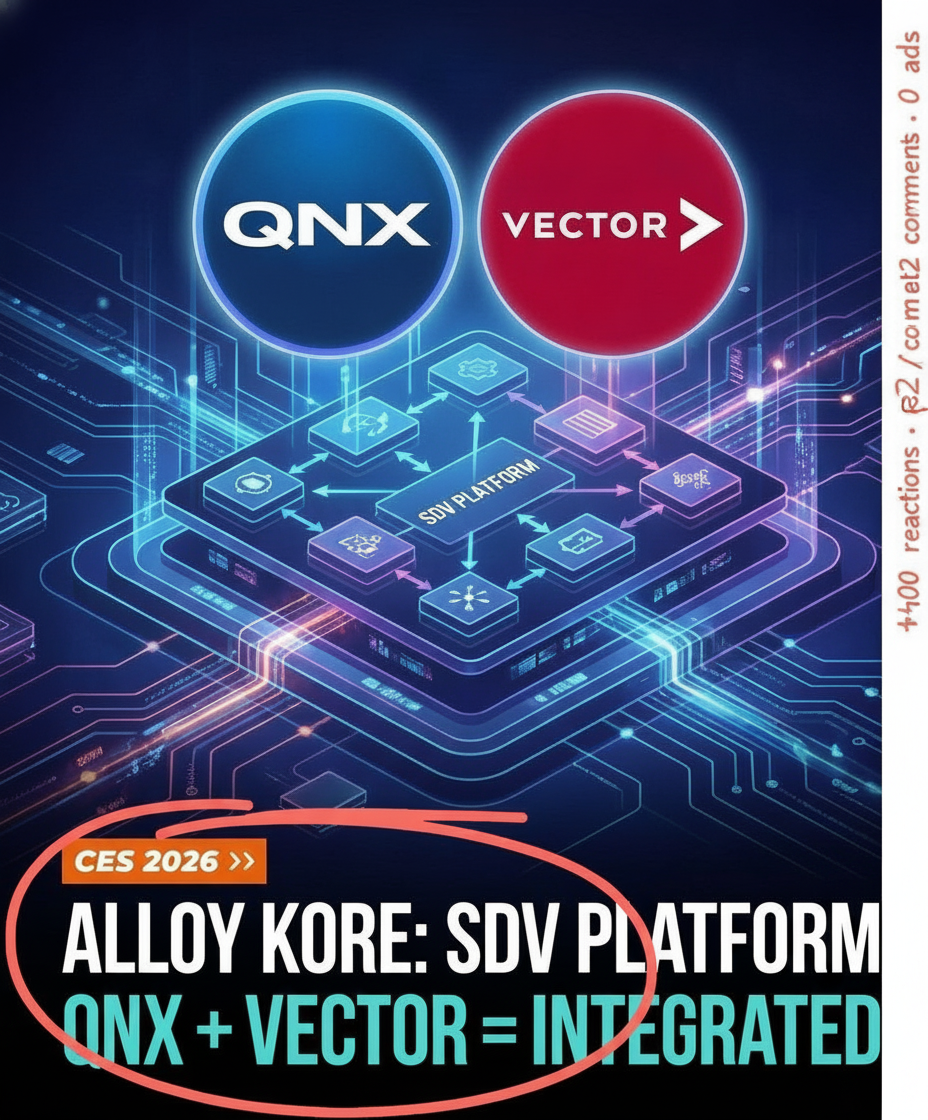 Lukas Timm's actual LinkedIn post visual for “QNX and Vector unveiled Alloy Kore at CES”, marked up by hand in coral pen — “400 reactions · 22 comments · 0 ads” noted in the corner.
