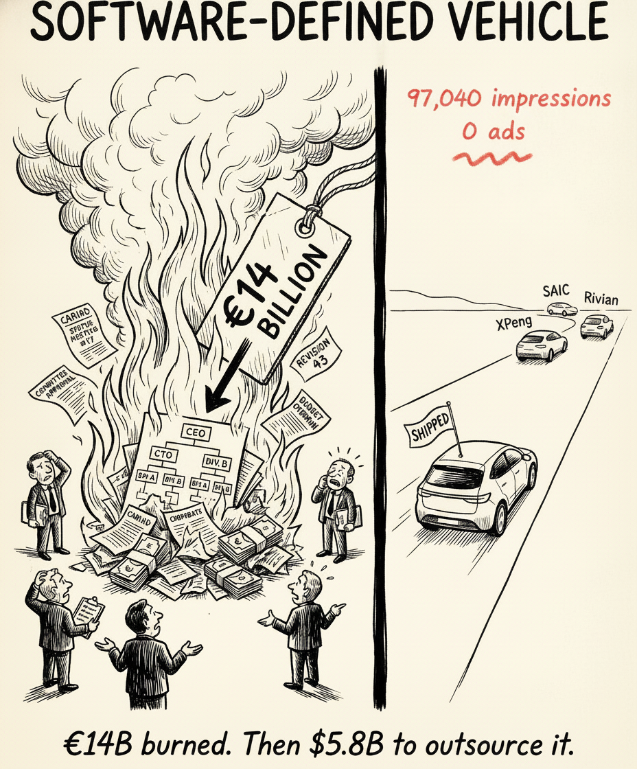 Lukas Timm's real software-defined-vehicle LinkedIn cartoon (EUR 14B burned on SDV while Chinese OEMs ship) marked up by hand in coral pen with the reach it earned: 97,040 impressions, 0 ads.