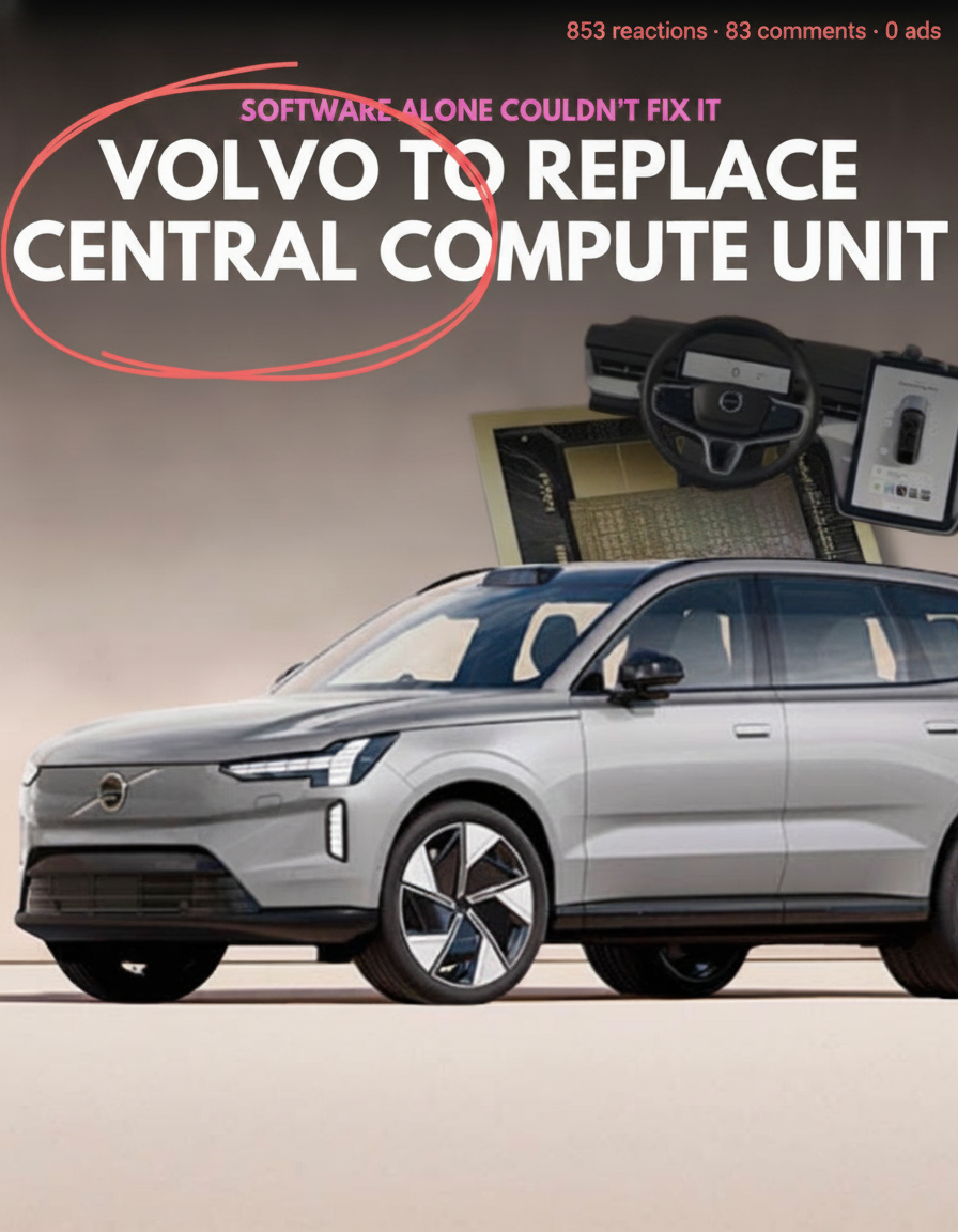 Lukas Timm's actual LinkedIn post visual for “Volvo replacing the entire brain of the EX90”, marked up by hand in coral pen — “853 reactions · 83 comments · 0 ads” noted in the corner.