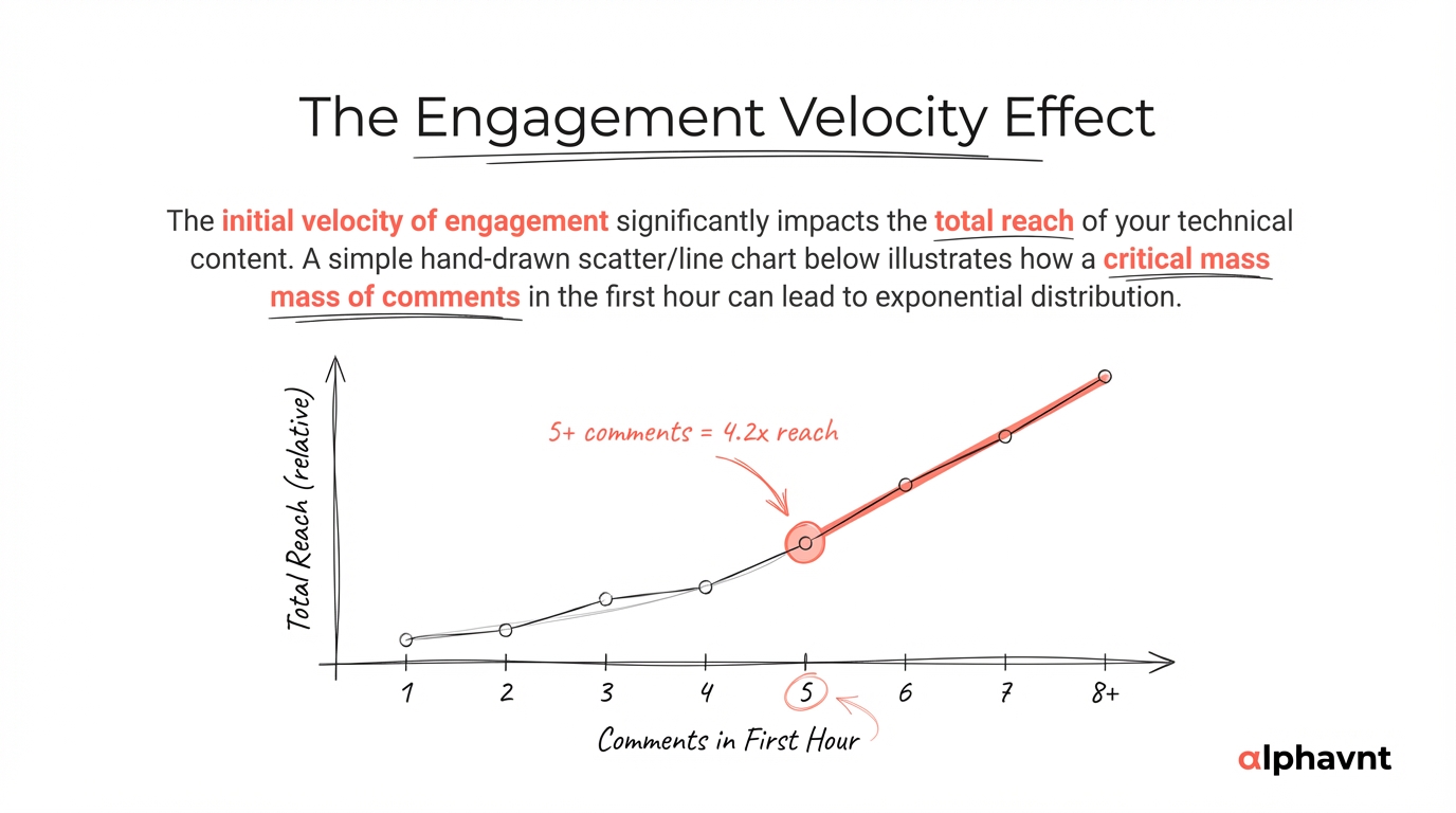Chart showing the relationship between first-hour comment count and total post reach, with a clear inflection point at 5 comments where average reach increases 4.2x, based on data from 1,000+ B2B tech LinkedIn posts
