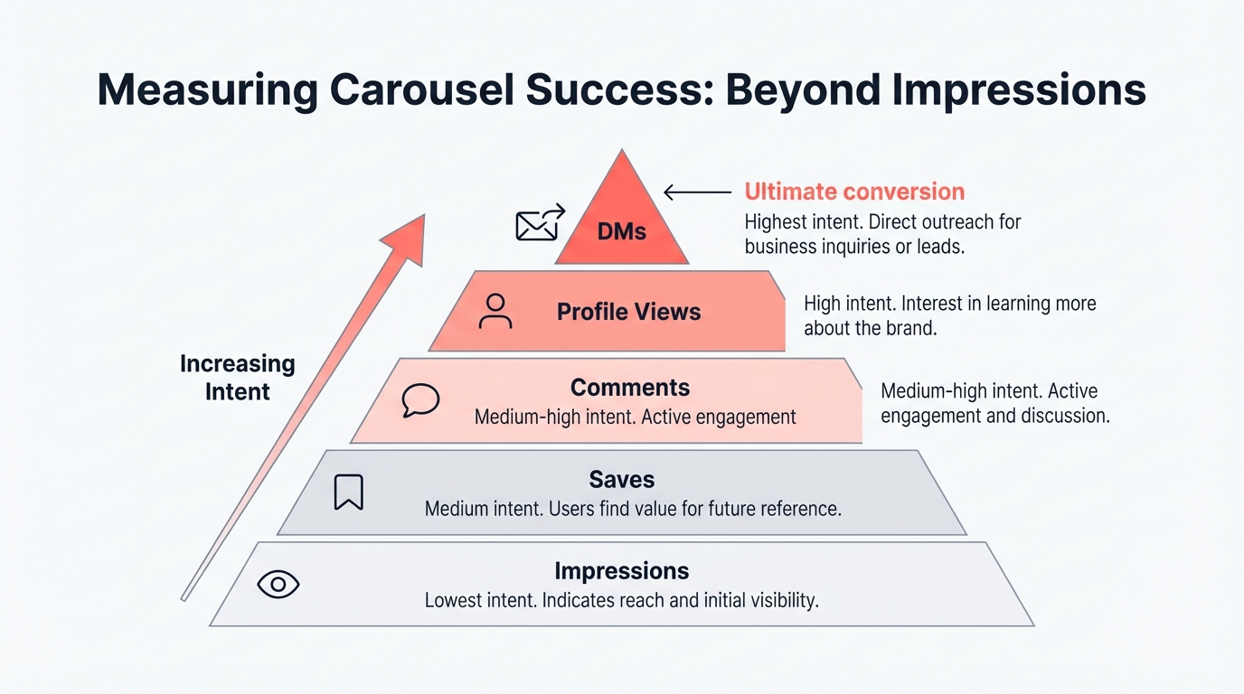 Measurement hierarchy pyramid for LinkedIn carousel success, ranking metrics from highest to lowest intent: saves, comments from target accounts, shares, profile views, and DMs