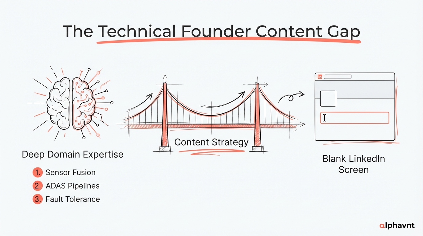 The technical founder content gap: deep domain expertise on one side, blank LinkedIn screen on the other, with the bridge being a structured content strategy